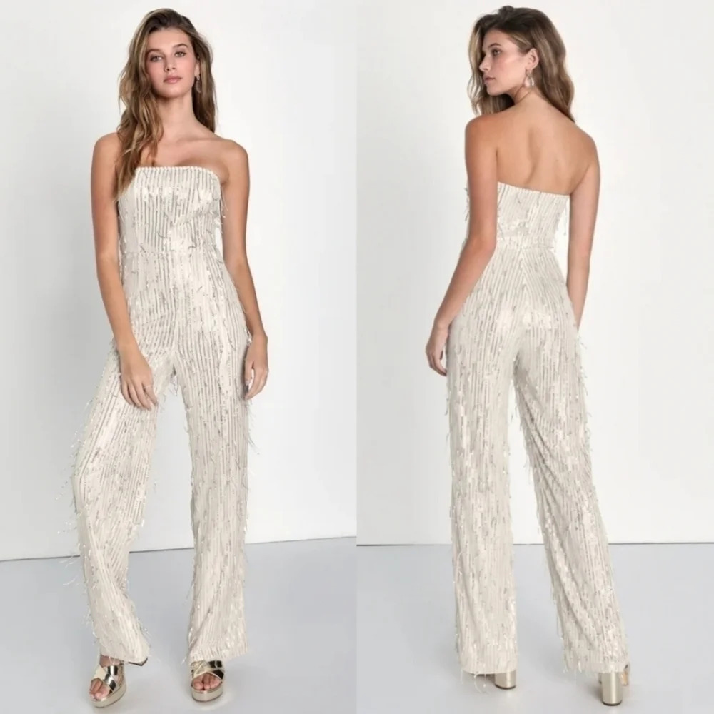 Lulu's Endless Glow Silver Sequin Strapless Mesh Jumpsuit L Wedding Party Guest